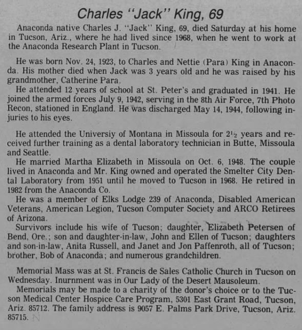 Eggen Family Tree - Charles Jack King - 1993 - Obituary